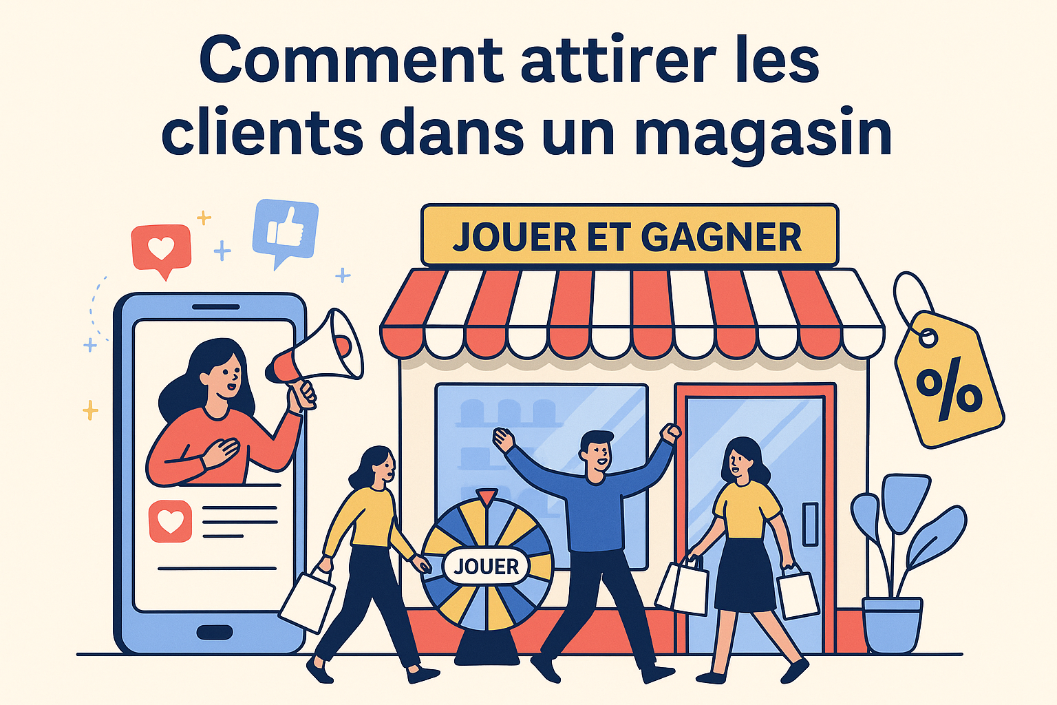 Illustration d'un commerçant utilisant un mini-jeu marketing pour attirer des clients dans sa boutique